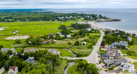 aerial image of North Hampton, NH coastal neighborhood in the summer