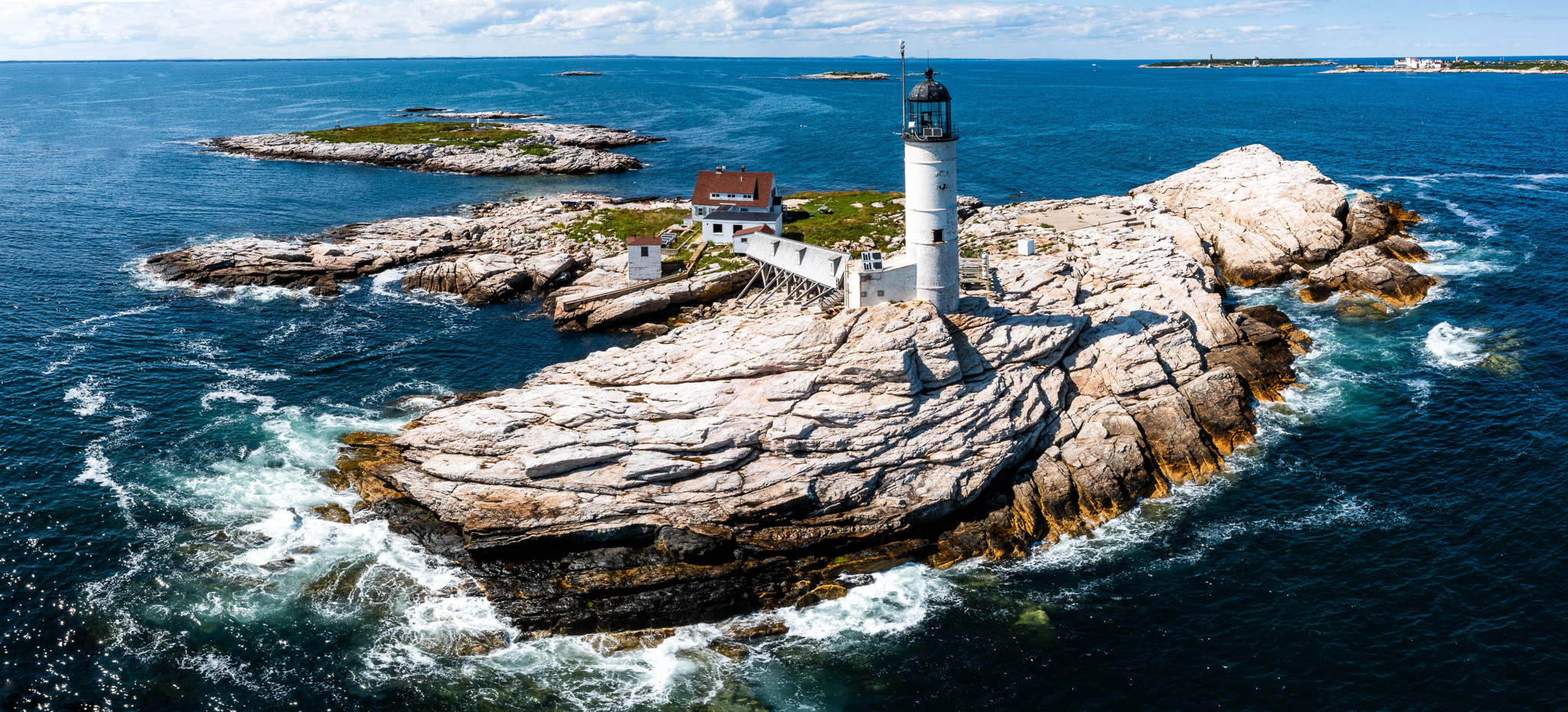 An aerial view of White Island Lighthouse on the Isles of Shoals.