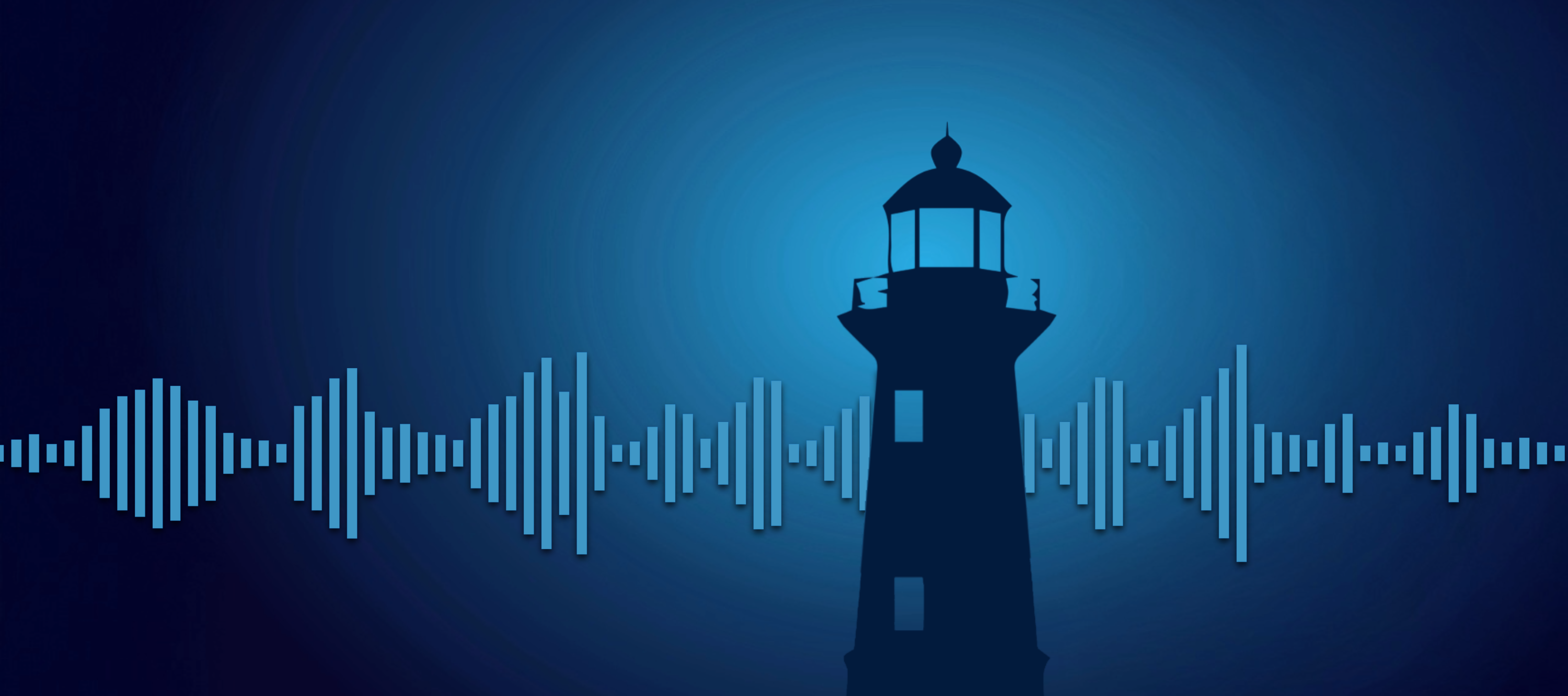 Time and Tide Podcast banner with navy blue lighthouse graphic and light blue sound wave graphic 