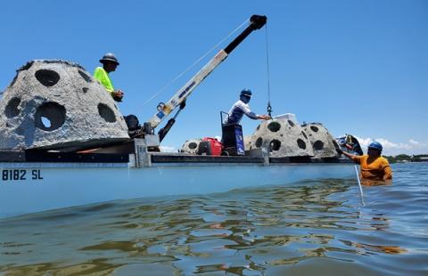 Florida Sea Grant-trained marine contractors work to install concrete domes that form the basis of an oyster reef. Photo: Larry Beggs, Reef Innovations Inc.