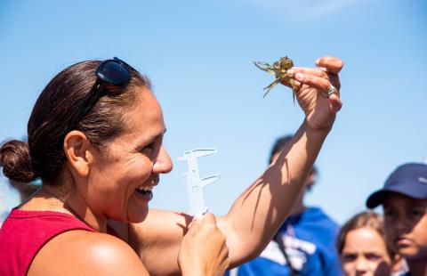 Gabriela Bradt holds a green crab and calipers in the air during a public outreach event on the New Hampshire coast