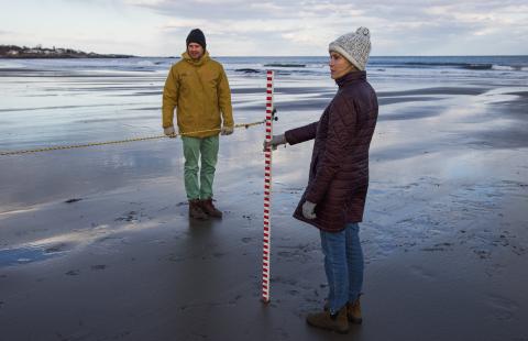 Two coastal research volunteers conduct dune profiling using a measuring tool on a beach at low tide. 