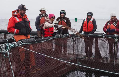 The Aquaculture Academy participants stand on a floating aquaculture platform. One woman tosses feed into the net pen, while everyone else looks on laughing and smiling. Everyone is wearing cold-weather gear. 