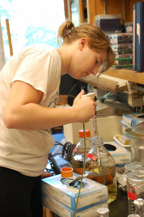 A woman measures water samples