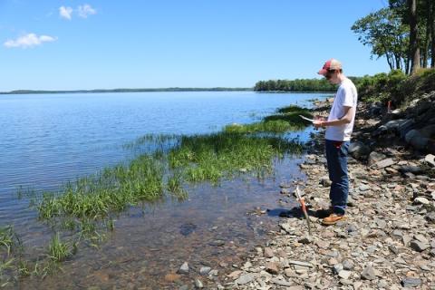 researcher on the edge of the bay collecting data