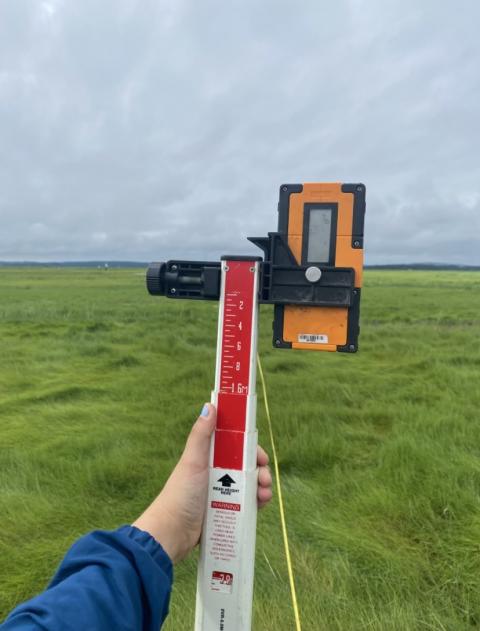 A hand holds a stake with a laser level elevation tool on the end, in front of a large area of marsh grass