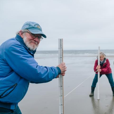 Coastal research volunteers beach profiling