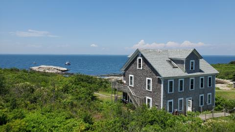 View of horizon with wood building and foliage in the foreground