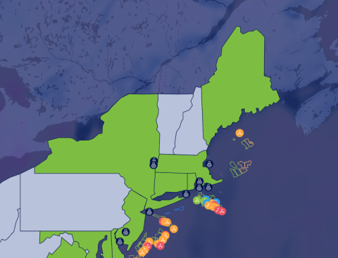 A screenshot of offshore wind projects and lease areas in the Northeast US. 