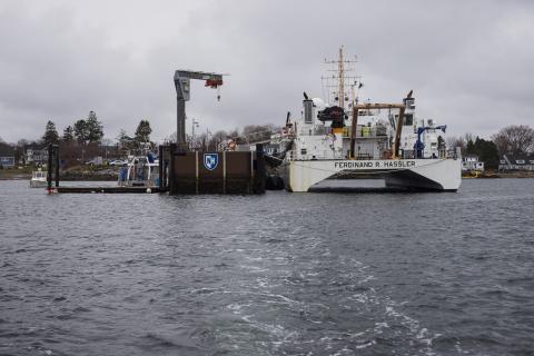 A view looking back at the UNH Pier in New Castle, NH as the group steams out towards AquaFort. 