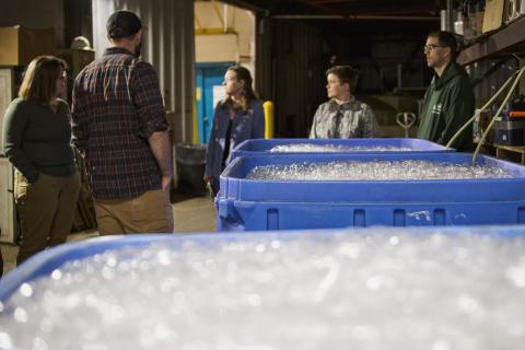 In the foreground, live product is prepared in large bins to be shipped out to buyers, while the group discusses seafood markets in the background. 