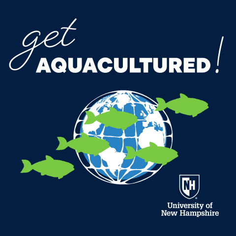 The logo for Get Aquacultured! Featuring an image of a school of fish swimming in front of a graphic of Planet Earth.