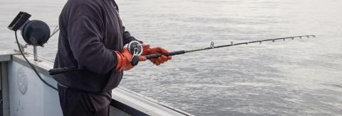 An image of a fisherman using a rod and reel to fish at sea. 