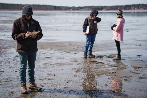 Three participants write notes while standing in the mudflats of Great Bay.