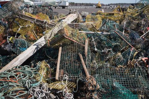 A zoomed in view of the derelict lobster trap pile at the harbor meeting point.