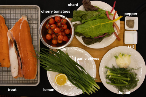 The ingredients for trout en papillote.