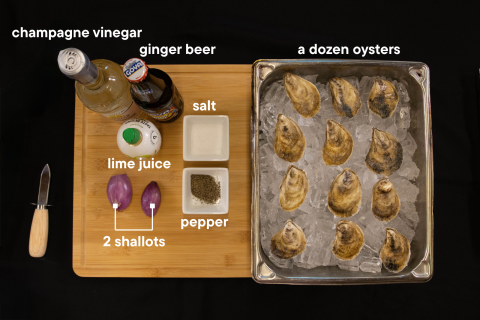 The ingredients for ginger beer oyster mignonette, on a cutting board.
